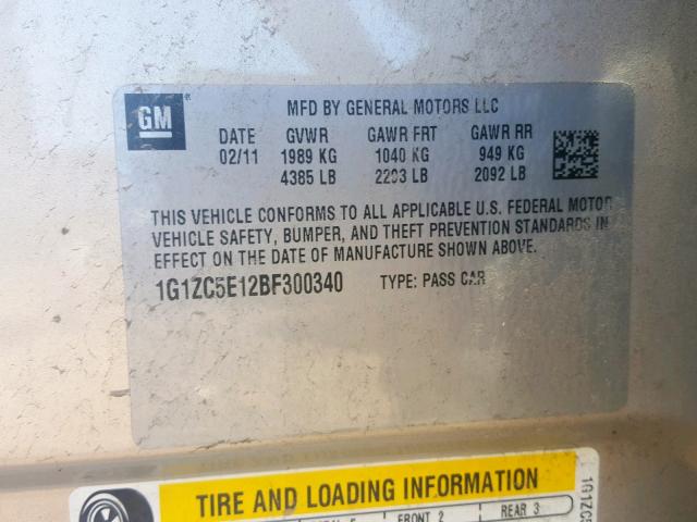 1G1ZC5E12BF300340 - 2011 CHEVROLET MALIBU 1LT 金色 照片 10