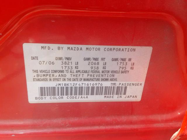 JM1BK12F471616976 - 2007 MAZDA 3 I RED photo 10