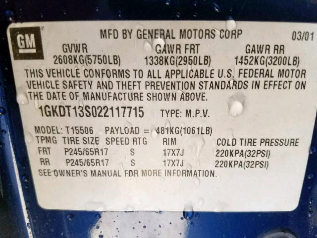 1GKDT13S022117715 - 2002 GMC ENVOY BLUE photo 10