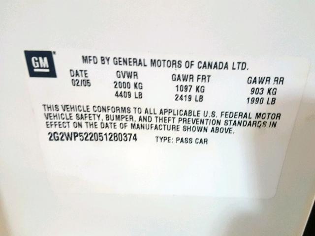 2G2WP522051280374 - 2005 PONTIAC GRAND PRIX WHITE photo 10