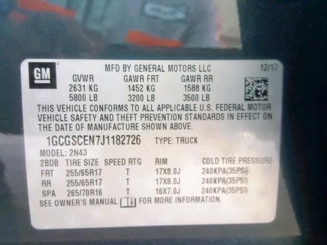 1GCGSCEN7J1182726 - 2018 CHEVROLET COLORADO L GRAY photo 10