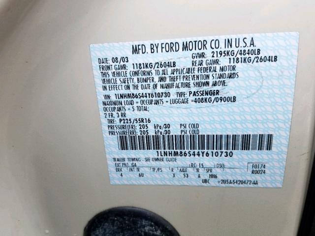 1LNHM86S44Y610730 - 2004 LINCOLN LS 奶油色 照片 10