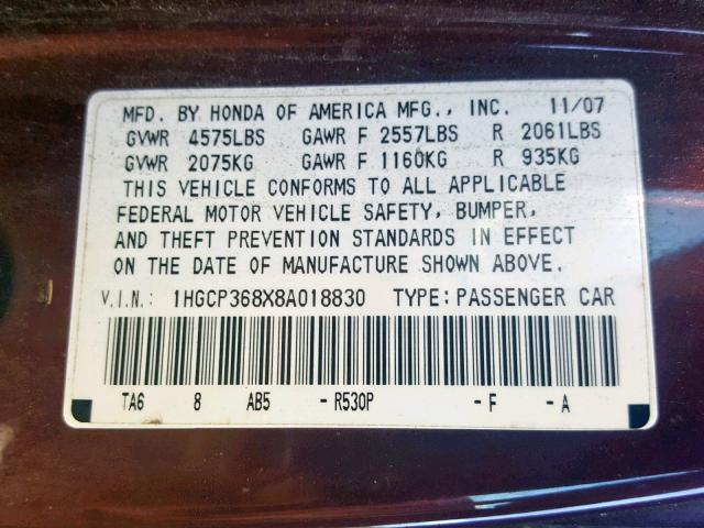 1HGCP368X8A018830 - 2008 HONDA ACCORD EXL BURGUNDY photo 10