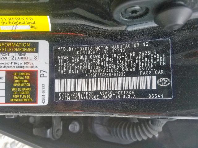 4T1BF1FK6EU761830 - 2014 TOYOTA CAMRY L BLACK photo 10