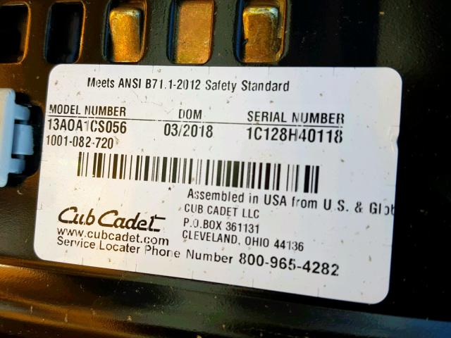 1C128H40118 - 2018 CUB LAWN MOWER YELLOW photo 10