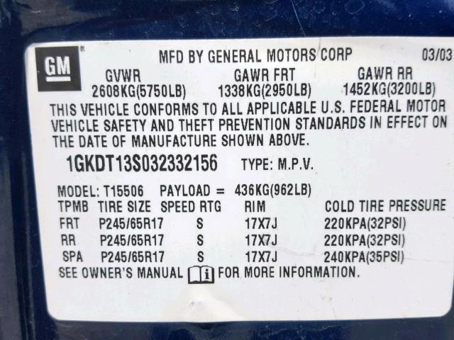 1GKDT13S032332156 - 2003 GMC ENVOY BLUE photo 10