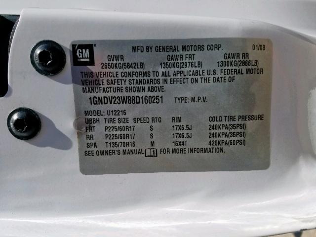 1GNDV23W88D160251 - 2008 CHEVROLET UPLANDER L WHITE photo 10