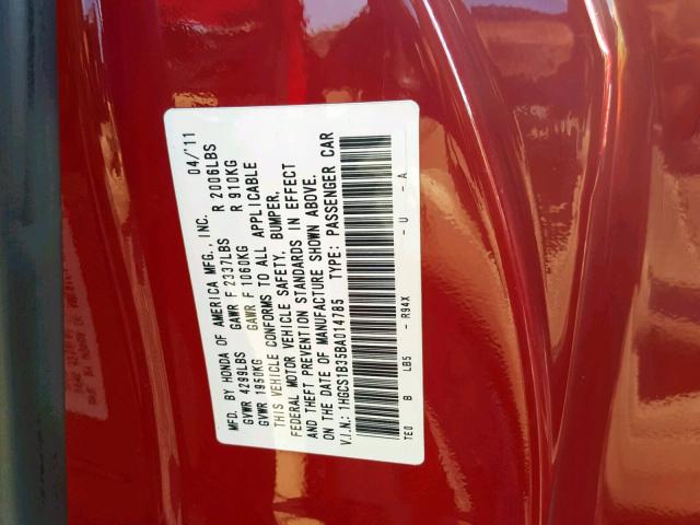 1HGCS1B35BA014785 - 2011 HONDA ACCORD LX- RED photo 10