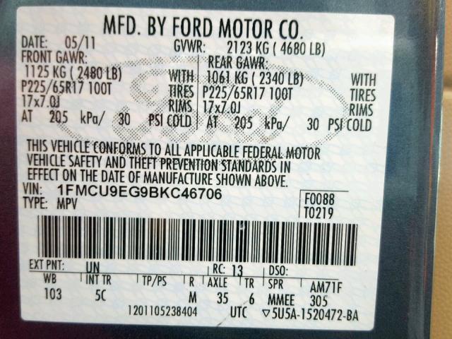 1FMCU9EG9BKC46706 - 2011 FORD ESCAPE LIM BLUE photo 10