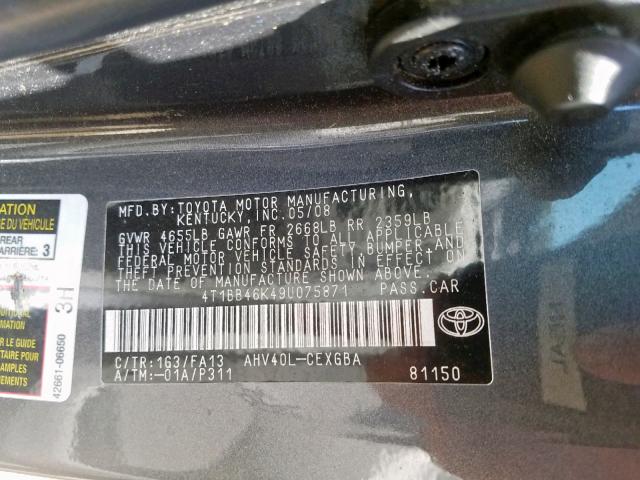 4T1BB46K49U075871 - 2009 TOYOTA CAMRY HYBR GRAY photo 10