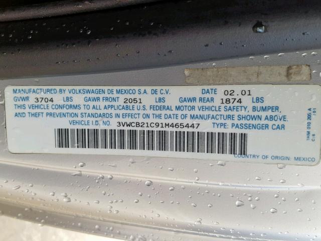 3VWCB21C91M465447 - 2001 VOLKSWAGEN NEW BEETLE SILVER photo 10