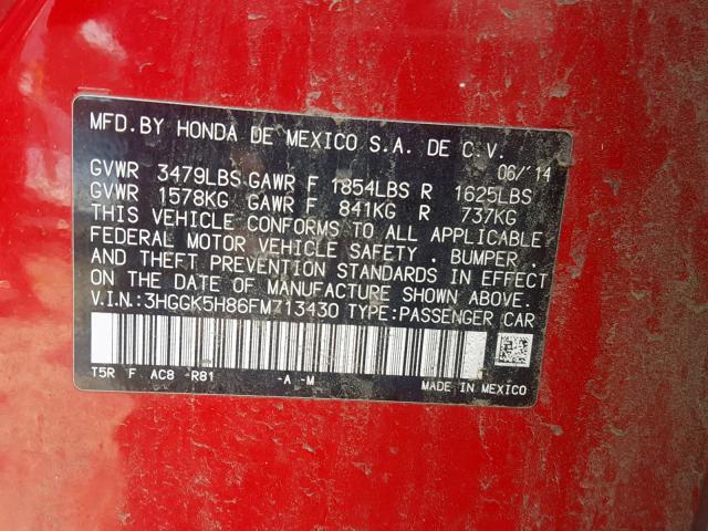 3HGGK5H86FM713430 - 2015 HONDA FIT EX RED photo 10