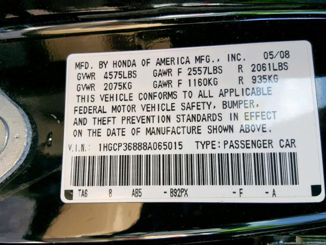 1HGCP36888A065015 - 2008 HONDA ACCORD EXL BLACK photo 10