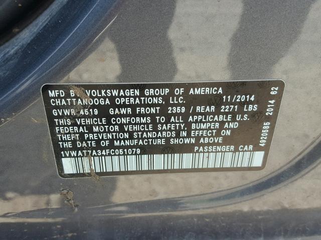 1VWAT7A34FC051079 - 2015 VOLKSWAGEN PASSAT S GRAY photo 10