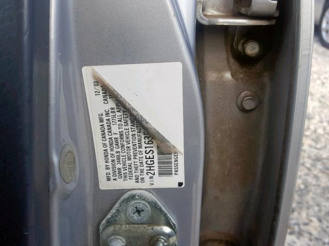 2HGES16354H540762 - 2004 HONDA CIVIC DX V SILVER photo 10