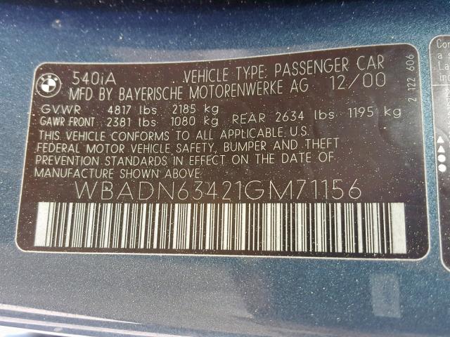 WBADN63421GM71156 - 2001 BMW 540 I AUTO BLUE photo 10