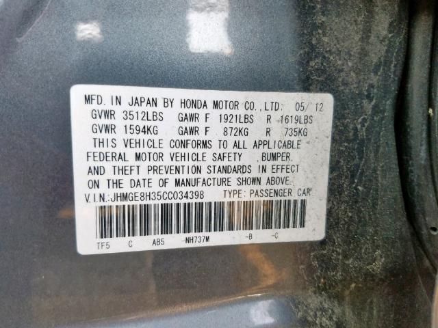 JHMGE8H35CC034398 - 2012 HONDA FIT GRAY photo 10