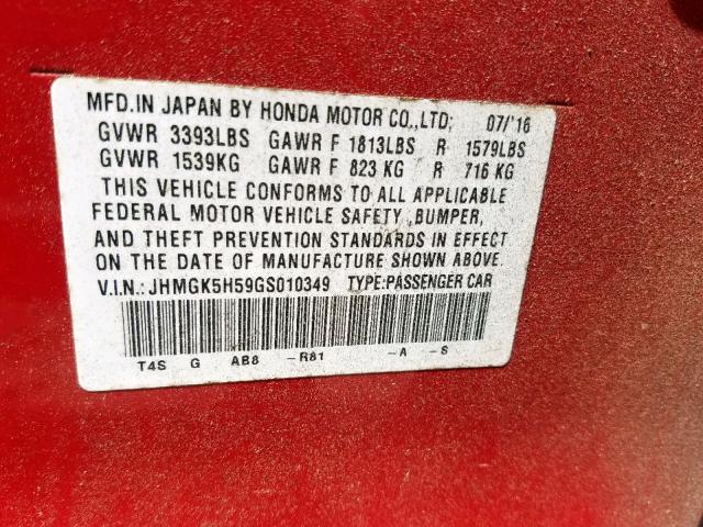 JHMGK5H59GS010349 - 2016 HONDA FIT LX RED photo 10