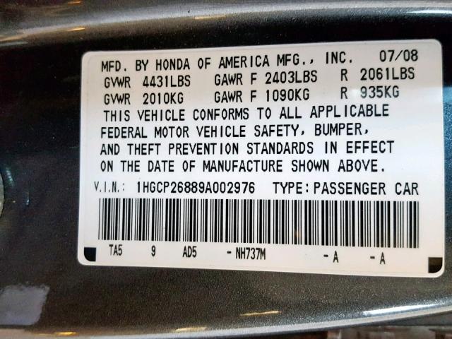 1HGCP26889A002976 - 2009 HONDA ACCORD EXL GRAY photo 10