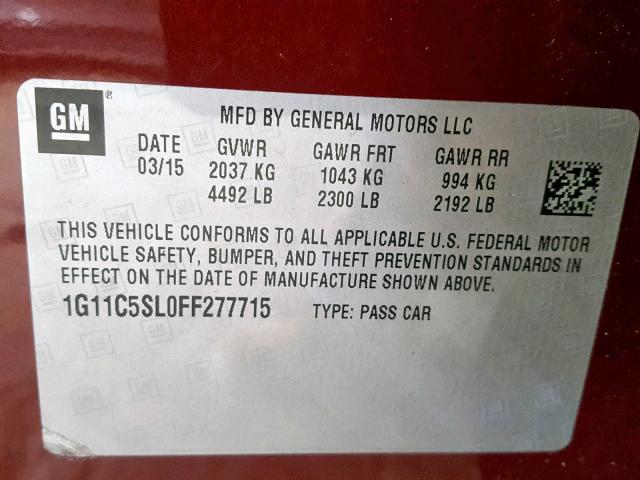 1G11C5SL0FF277715 - 2015 CHEVROLET MALIBU 1LT 勃艮第红 照片 10