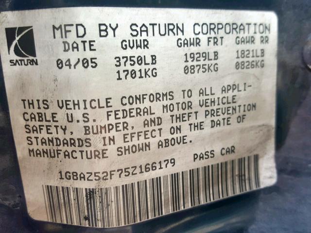 1G8AZ52F75Z166179 - 2005 SATURN ION LEVEL SILVER photo 10