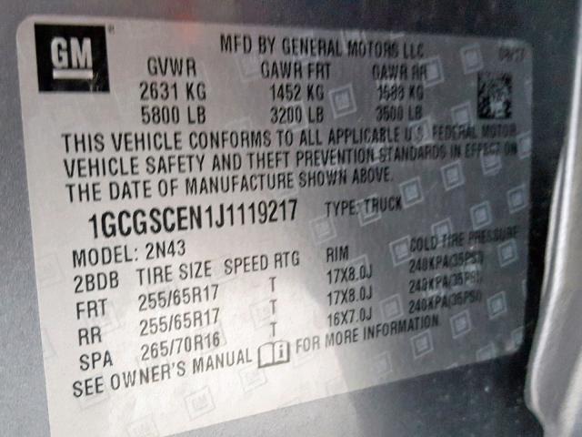 1GCGSCEN1J1119217 - 2018 CHEVROLET COLORADO L GRAY photo 10