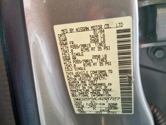 1N6ED29Y94C420727 - 2004 NISSAN FRONTIER C GOLD photo 10