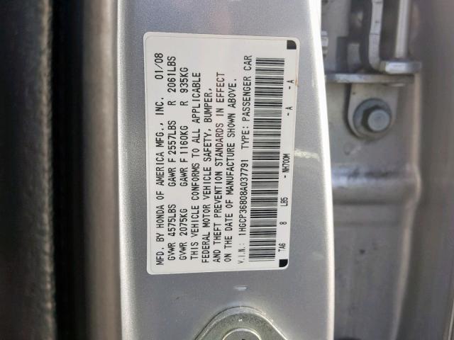 1HGCP36808A037791 - 2008 HONDA ACCORD EXL SILVER photo 10