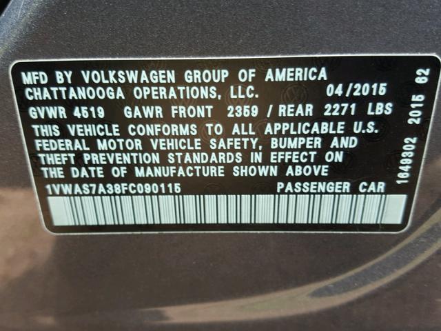 1VWAS7A38FC090115 - 2015 VOLKSWAGEN PASSAT S SILVER photo 10