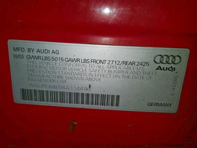 WAUPL68E04A114490 - 2004 AUDI S4 RED photo 10