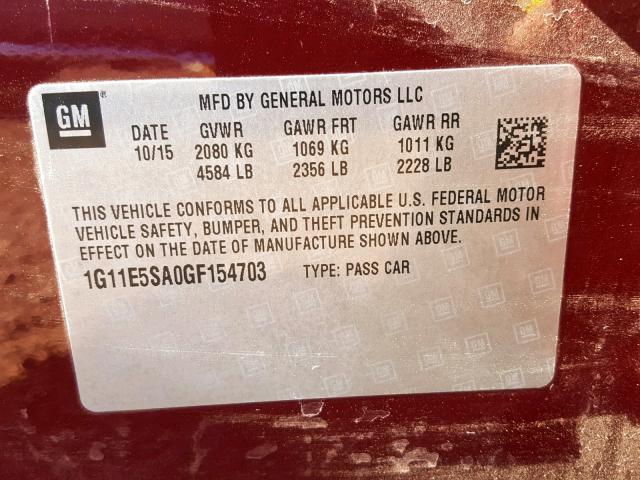 1G11E5SA0GF154703 - 2016 CHEVROLET MALIBU LIM RED photo 10