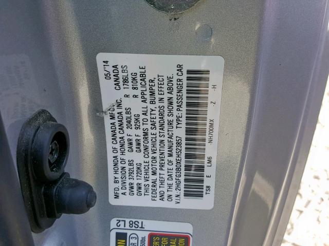 2HGFG3B0XEH523857 - 2014 HONDA CIVIC EXL 银色 照片 10