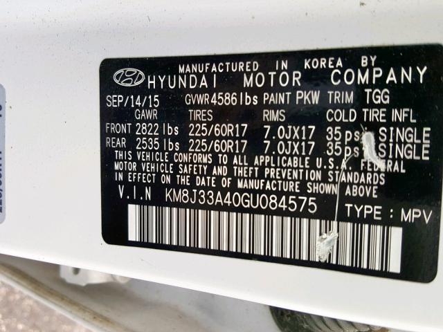 KM8J33A40GU084575 - 2016 HYUNDAI TUCSON LIM WHITE photo 10