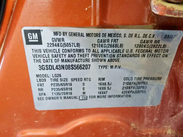 3GSDL43N08S566207 - 2008 SATURN VUE XE ORANGE photo 10