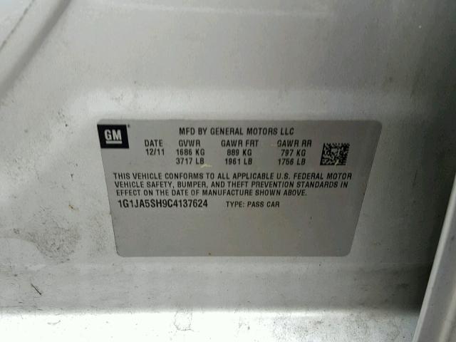 1G1JA5SH9C4137624 - 2012 CHEVROLET SONIC LS GRAY photo 10