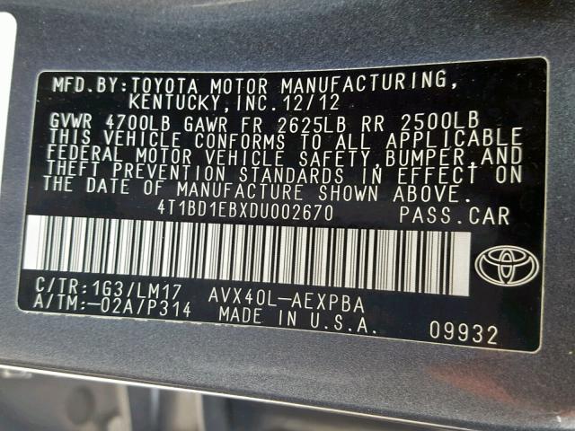 4T1BD1EBXDU002670 - 2013 TOYOTA AVALON HYB GRAY photo 10