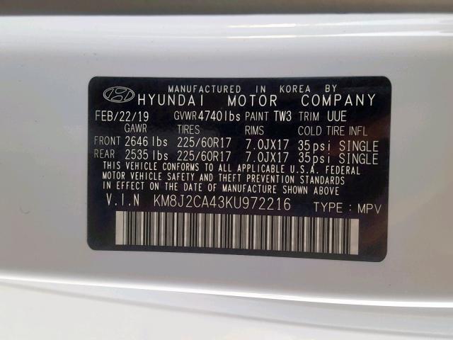 KM8J2CA43KU972216 - 2019 HYUNDAI TUCSON SE WHITE photo 10