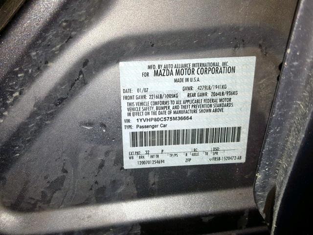 1YVHP80C575M36664 - 2007 MAZDA MAZDA6 GRAY photo 10