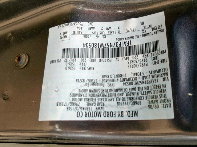 1FAFP37N57W180534 - 2007 FORD FOCUS ZX5 GRAY photo 10