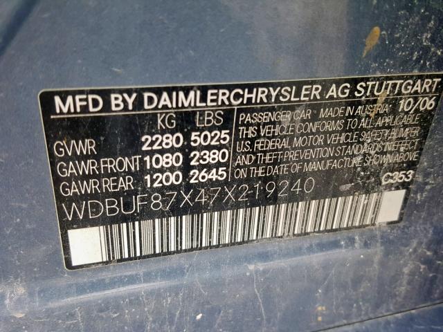 WDBUF87X47X219240 - 2007 MERCEDES-BENZ E 350 4MAT BLUE photo 10