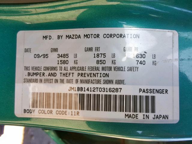 JM1BB1412T0316287 - 1996 MAZDA PROTEGE DX GREEN photo 10