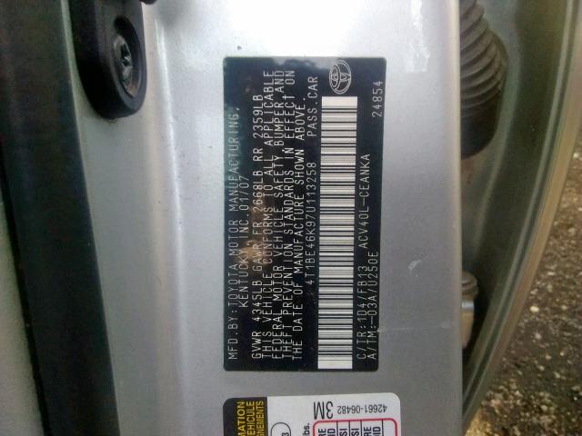 4T1BE46K97U113258 - 2007 TOYOTA CAMRY NEW SILVER photo 10