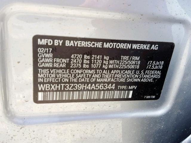 WBXHT3Z39H4A56344 - 2017 BMW X1 XDRIVE2 SILVER photo 10