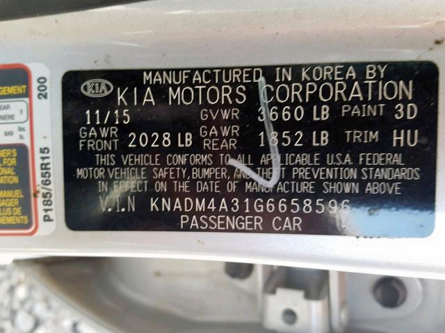 KNADM4A31G6658596 - 2016 KIA RIO LX SILVER photo 10