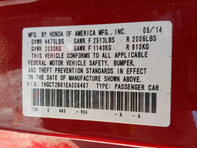 1HGCT2B81EA008467 - 2014 HONDA ACCORD EXL RED photo 10