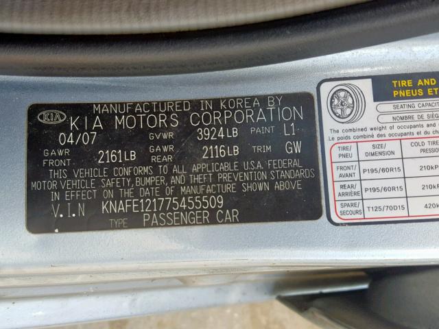 KNAFE121775455509 - 2007 KIA SPECTRA EX BLUE photo 10