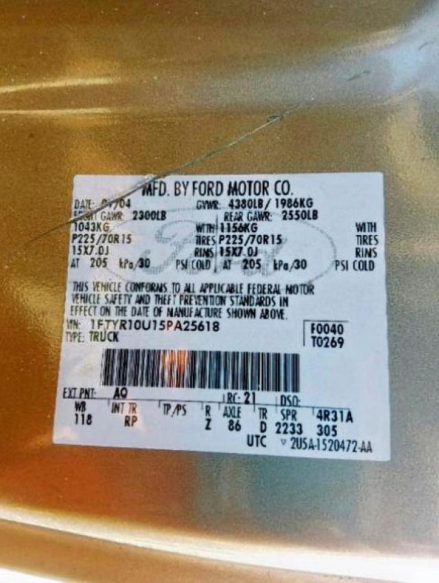 1FTYR10U15PA25618 - 2005 FORD RANGER GOLD photo 10