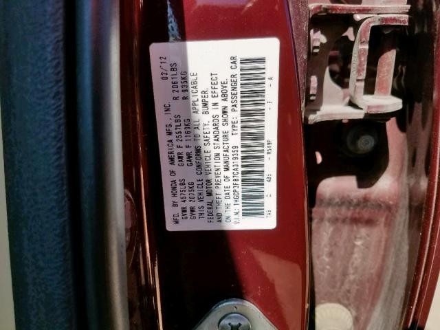 1HGCP3F87CA019359 - 2012 HONDA ACCORD EXL BURGUNDY photo 10