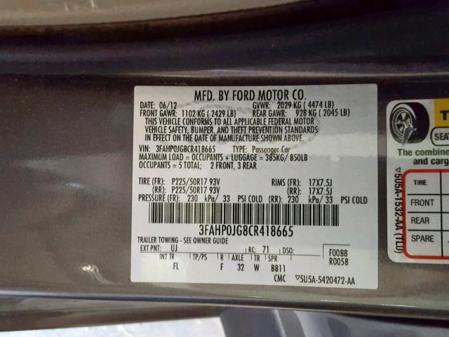 3FAHP0JG8CR418665 - 2012 FORD FUSION SEL GRAY photo 10