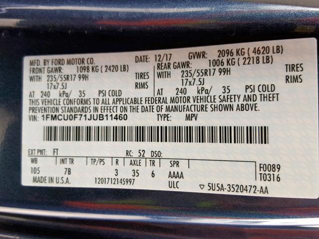 1FMCU0F71JUB11460 - 2018 FORD ESCAPE S BLUE photo 10